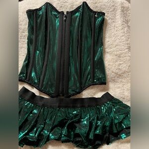 Shimmery Green Metallic Over Bust Zip Corset and Skirt Set